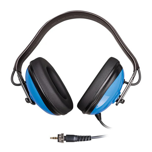 Blue and black headphones with a plug on a white background