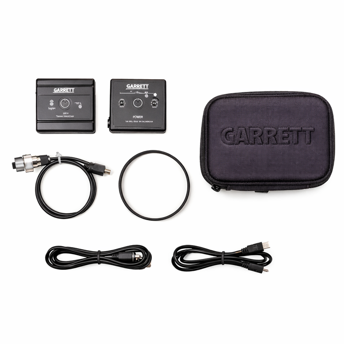 Garrett metal detector accessories including receiver, coil, and case on a white background
