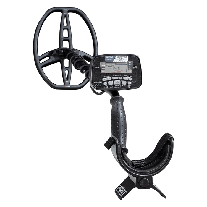 Metal detector with a large search coil on a white background