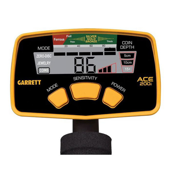 Garrett ACE 200i metal detector display on a white background