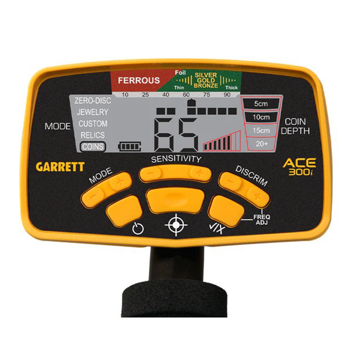Garrett ACE 300 metal detector display panel on a white background