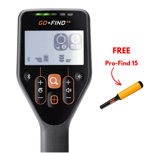 GoFind metal detector with digital display and additional probe on a white background