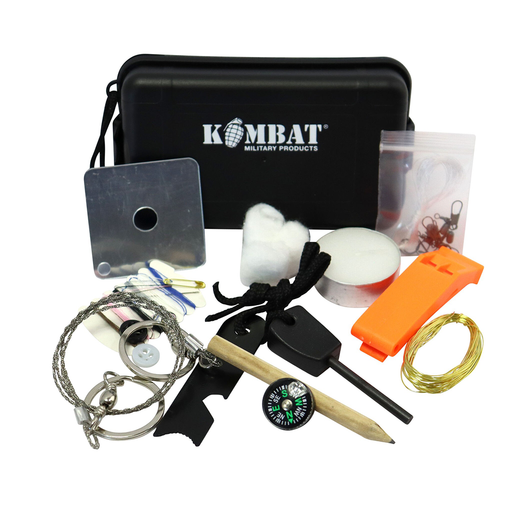 Kombat Military Products survival kit with various tools and items on a white background