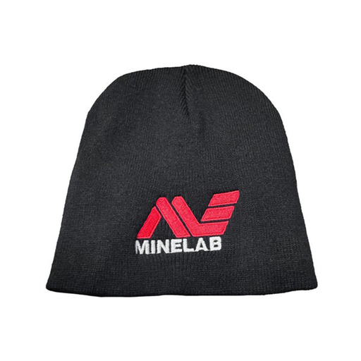 Black beanie hat with the Minelab Logo on the front on a white background