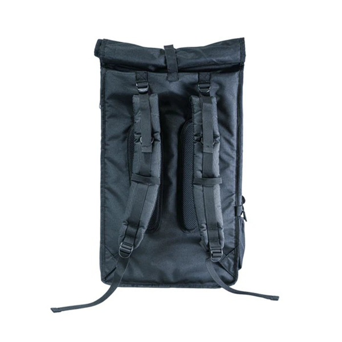 Black backpack with multiple straps on a white background