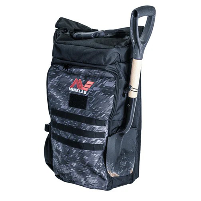 Black and gray backpack with a shovel, featuring the Minelab logo, on a white background.