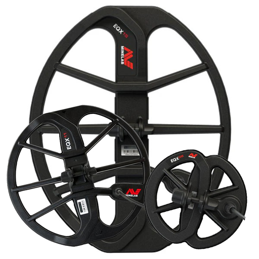 Three black metal detector coils with 'Minelab' branding on a white background