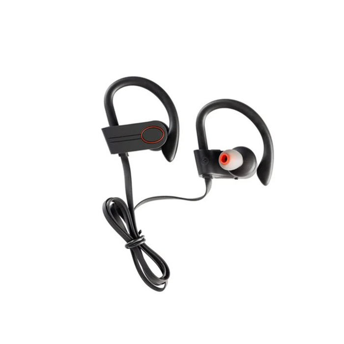 Black wireless earbuds with a cable on a white background