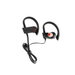 Black wireless earbuds with a cable on a white background