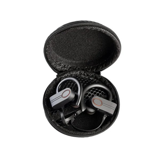 Black earbuds in a black case on a white background