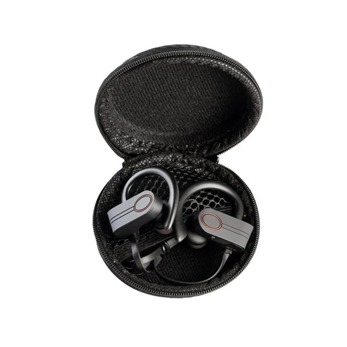 Black earbuds in a black case on a white background