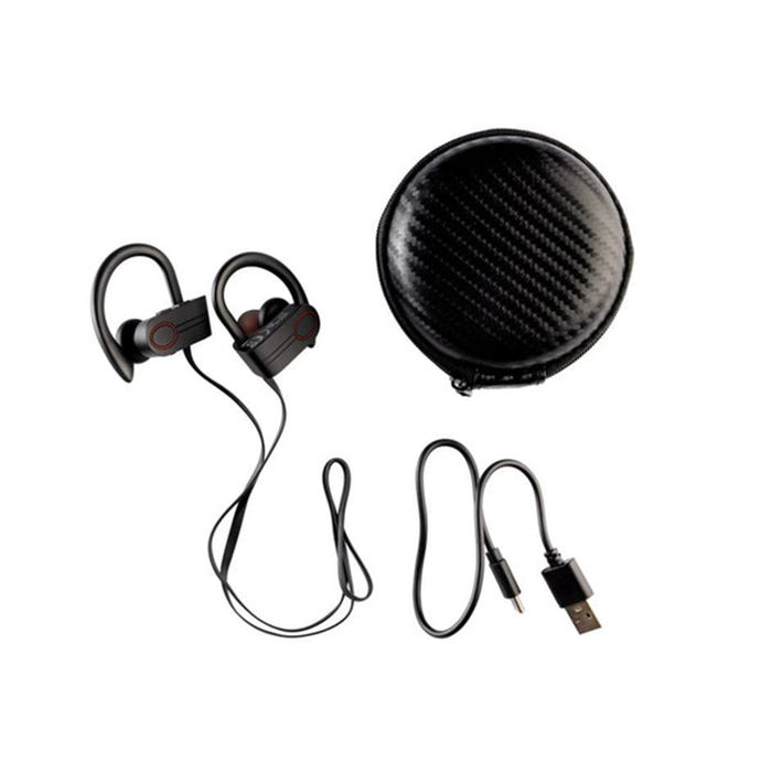 Black wireless earbuds with charging case and USB cable on a white background