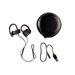 Black wireless earbuds with charging case and USB cable on a white background