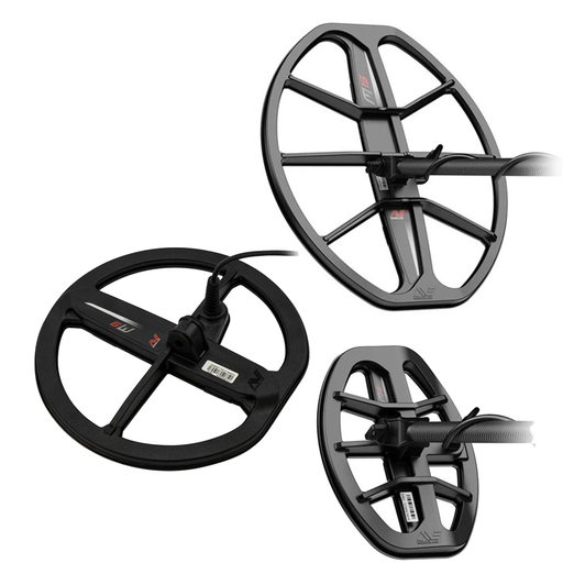 Three metal detector coils on a white background