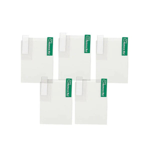 Five white screen protectors with green labels on a white background