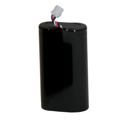 Black cylindrical battery with connectors on a white background