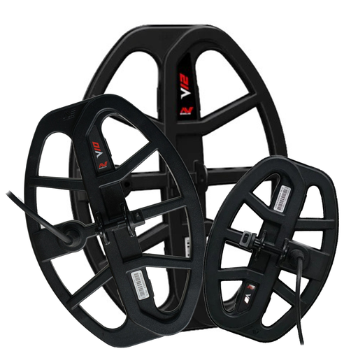 Three black metal detecting coils on a white background