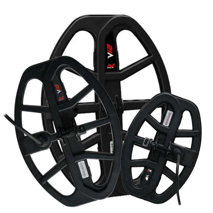 Three black metal detecting coils on a white background