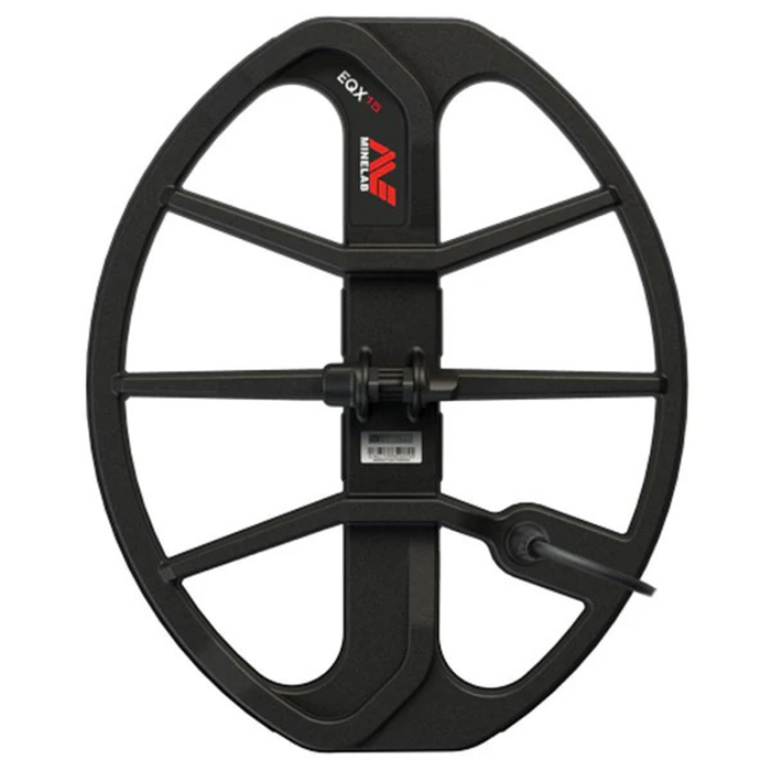 Black metal detector coil with brand logo on a white background