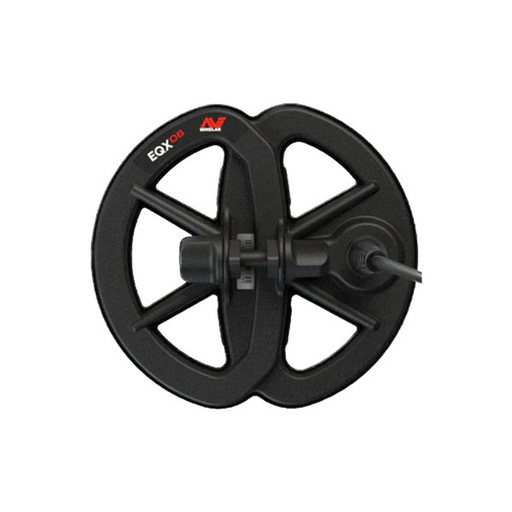 Black metal detecting coil with 'EQX' branding on a white background