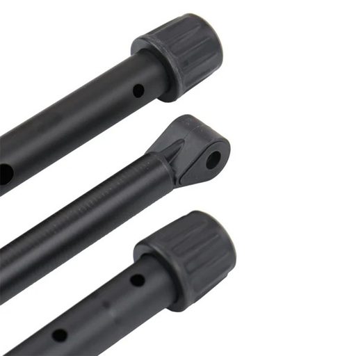 Three black metal rods with black ends on a white background