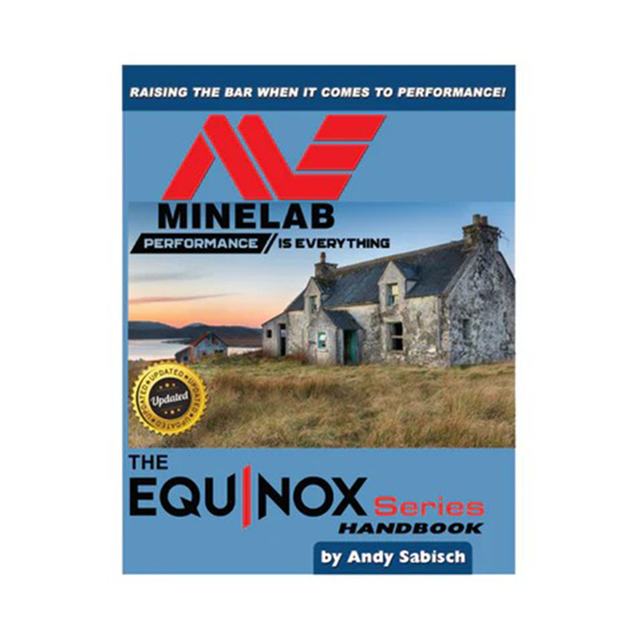 Book cover of 'The Equinox Series Handbook' by Minelab with a scenic house and lake in the background.