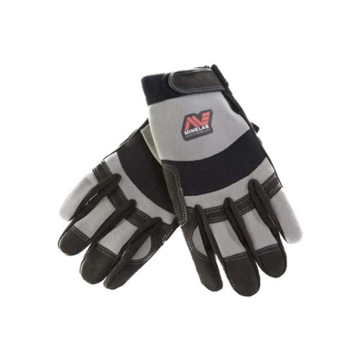 Pair of black and gray gloves with a visible brand logo on a white background