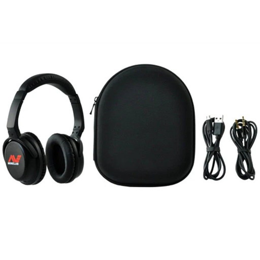 Black headphones with carrying case, USB cable, and power adapter on a white background
