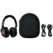 Black headphones with carrying case, USB cable, and power adapter on a white background