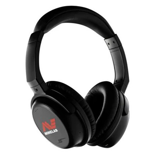 Black headphones with a visible brand logo on a white background
