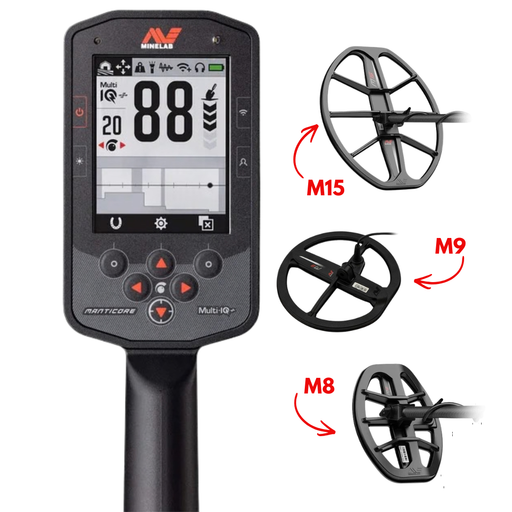 Metal detector with digital display and three different search coils labeled M8, M9, and M15 on a white background.