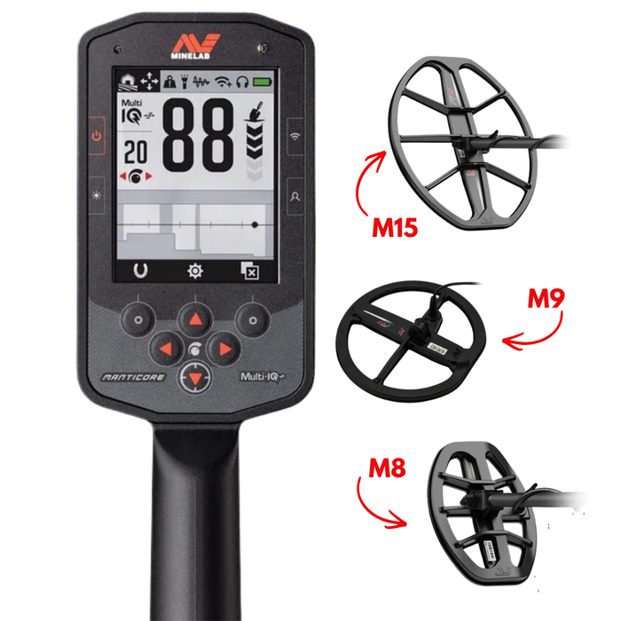 Metal detector with digital display and three different search coils labeled M8, M9, and M15 on a white background.