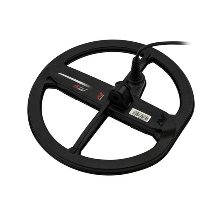 Black metal detector M9 search coil with visible brand logo on a white background