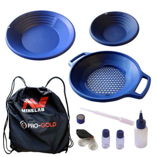 Minelab Pro-Gold pan set with blue pans, black drawstring bag, and accessories on a white background