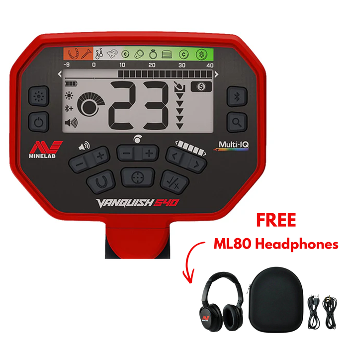Red Metal detector with headphones on a white background