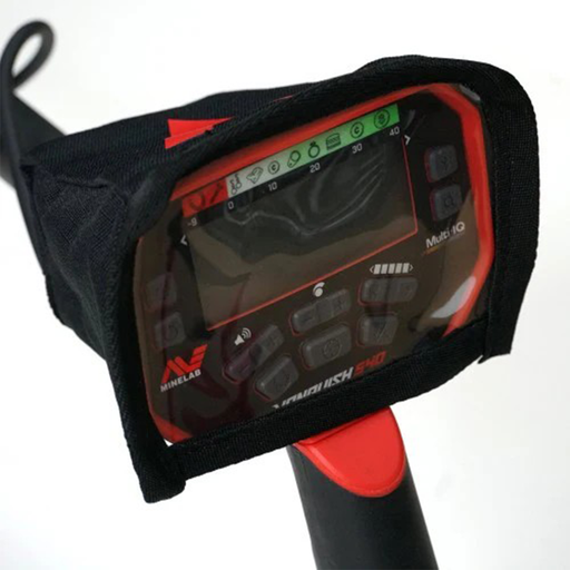 Minelab metal detector with screen and control panel cover on a white background
