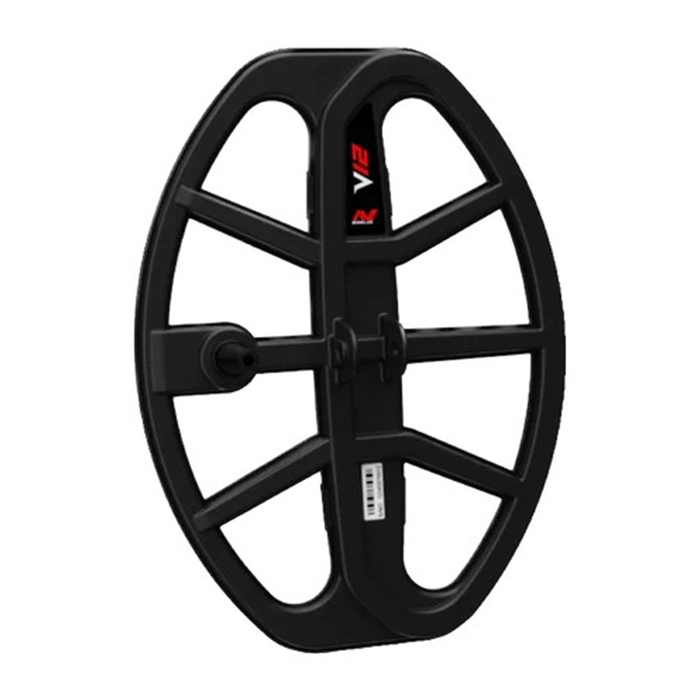 Black metal detecting coil with 'V12' branding on a white background