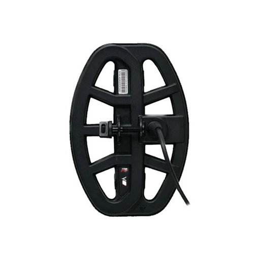 Black metal detecting coil on a white background