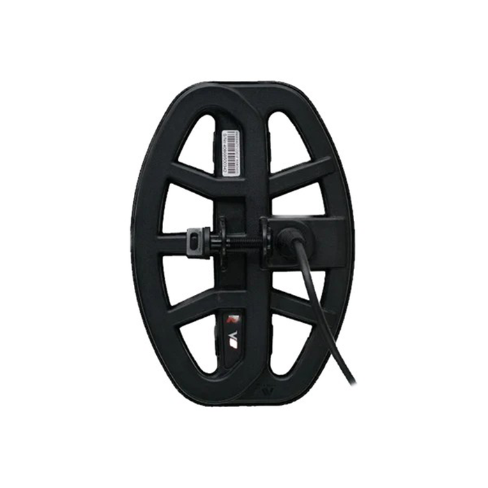 Black metal detecting coil on a white background