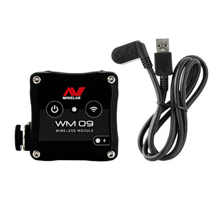 Black wireless module with USB cable on a white background