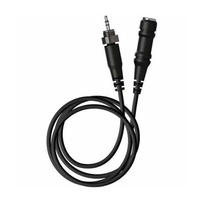 Black audio cable with 3.5mm plug and XLR connector on a white background