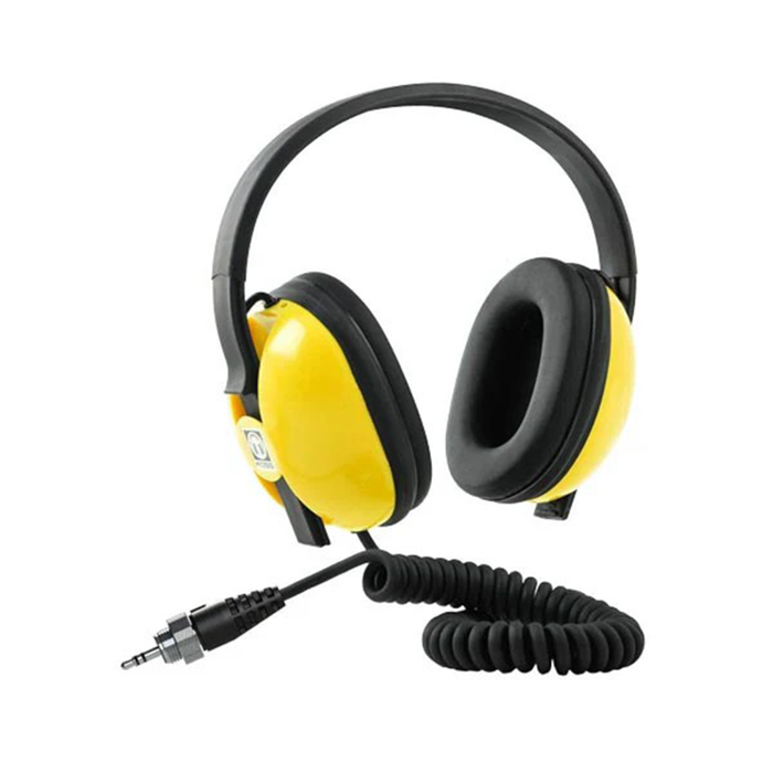 Yellow and black headphones with a coiled cable on a white background