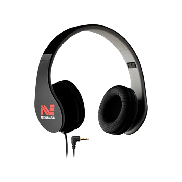 Black headphones with MineLab logo on a white background