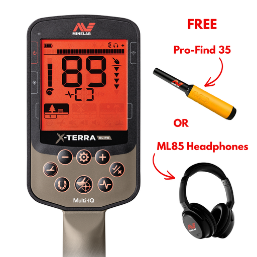 Minelab X-Terra metal detector with free Pro-Find 35 and ML85 Headphones offer on a white background