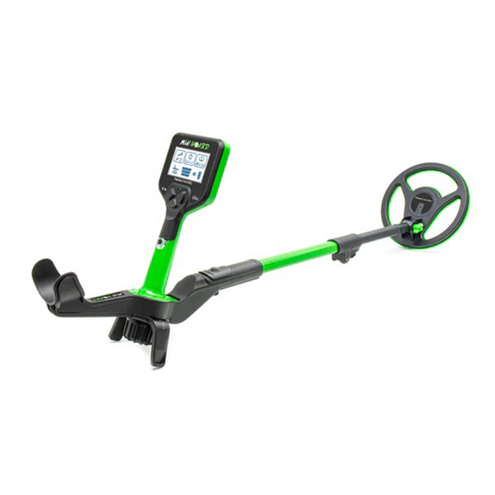 Metal detector with green and black design on a white background