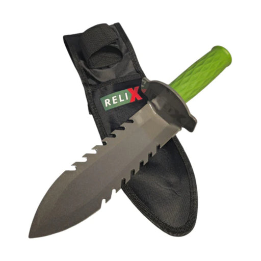 Knife with green handle and black sheath featuring RELI-X logo on a white background