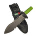 Knife with green handle and black sheath featuring RELI-X logo on a white background