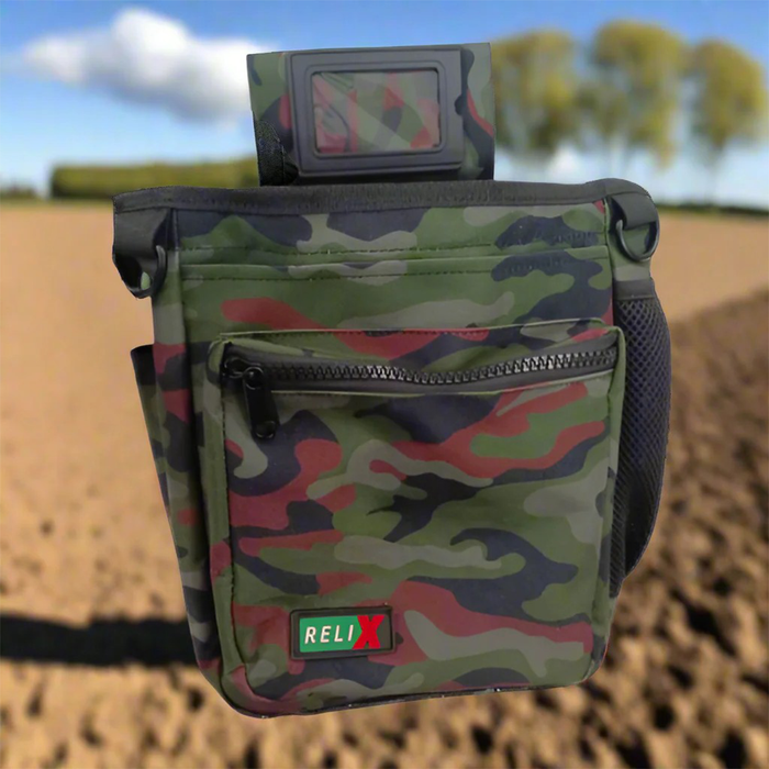 Camo metal detecting finds pouch with a field in the background
