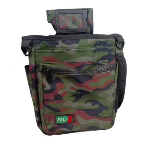 Camo metal detecting finds pouch on a white background