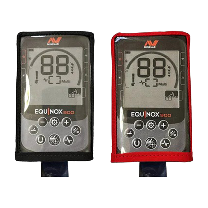 Two Minelab Equinox 900 metal detectors with digital displays and control covers on a white background.